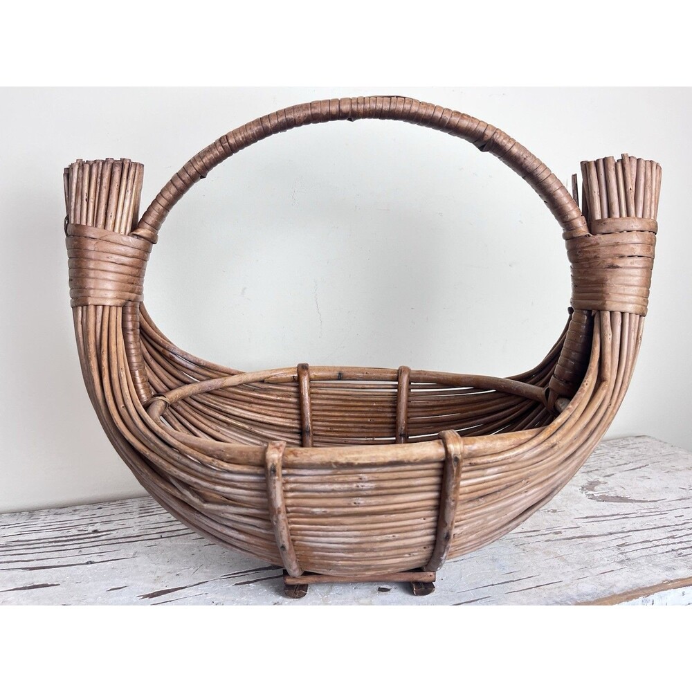 Vintage MCM Handmade Bamboo and Rattan Boat Shaped Fruit Basket With Handle Boho